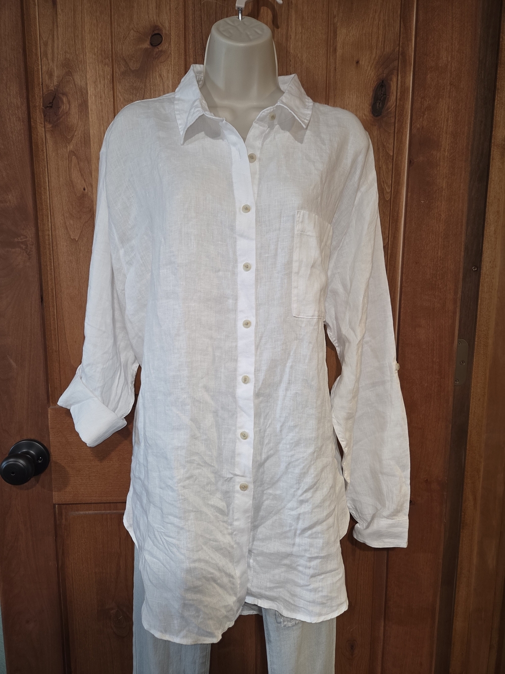 Lands' End White 100% Linen Button-Down Top